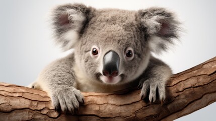 Fototapeta premium Close-up of an adorable koala clinging to a branch, captured with clarity and precision, set against a white background for easy integration into designs