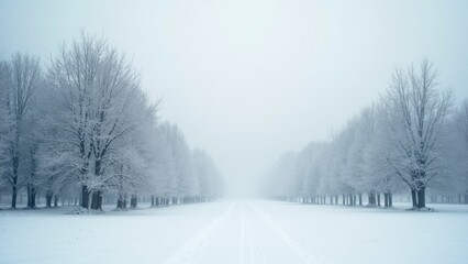 Snowy road with trees in the background. The trees are bare and covered in snow. The sky is cloudy and gray, creating a moody atmosphere
