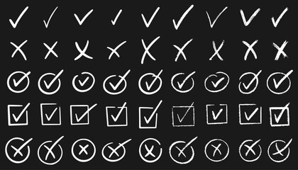 Check marks doodle set. Vote, yes, no, checkbox, checklist, tick and cross signs, v and x drawn concept. Hand drawn crayon sketch style vector illustration 
