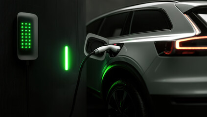 Fototapeta premium An electric vehicle is connected to a charging station, displaying a bright green light indicating that charging is in progress. This sleek setup highlights modern technology