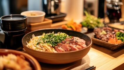 Obraz premium Wooden bowl of Japanese food with sliced meat, noodles, and vegetables.
