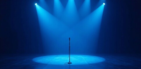 Blue spotlight shining on empty concert stage with microphone stand, performance, blue