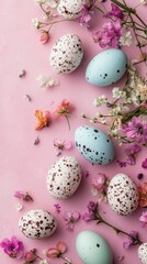 Obraz premium Speckled eggs and pastel blue eggs with flowers