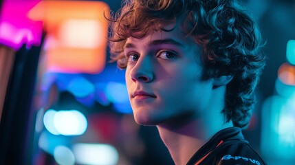 focused young gamer immerses himself in streaming live, his concentration shows his passion for connecting with his viewers, engaged in exciting virtual world
