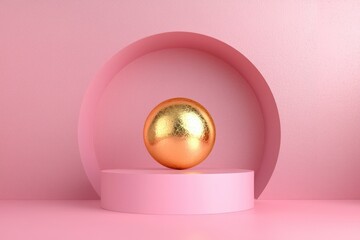 3D scene with pink podium and golden sphere.