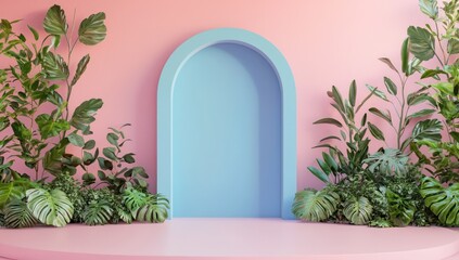 Fototapeta premium Green plants and blue archway inside a lively pink room, 3D rendered.