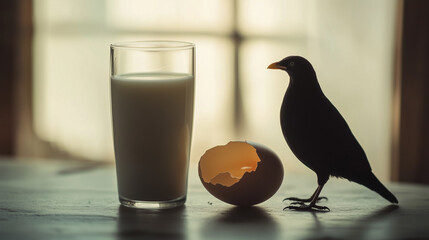 Fototapeta premium Cracked Egg and Spilled Milk on Sterile Surface with Ethereal Avian Outline: Symbolizing Foodborne Pathogen Risks and Cross-Contamination Awareness