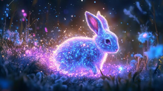 Enchanted glowing rabbit hopping through cosmic field, stardust following its trail, peaceful and magical, fantasy art, ultra-detailed, 8k
