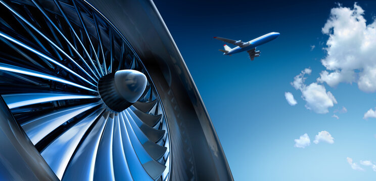 Close-up of aircraft jet engine turbine against a blue sky with white clouds and starting airplane - 3D illustration