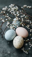 Obraz premium Pastel speckled eggs among delicate white blossoms