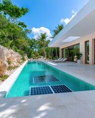 Fototapeta premium Modern house with solar panels by the pool in a lush tropical backyard enhancing energy efficiency and sustainability