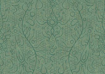 Hand-drawn unique abstract seamless ornament. Dark green on light cold green background, with splatters of golden glitter. Paper texture. Digital artwork, A4. (pattern: p13-2a)