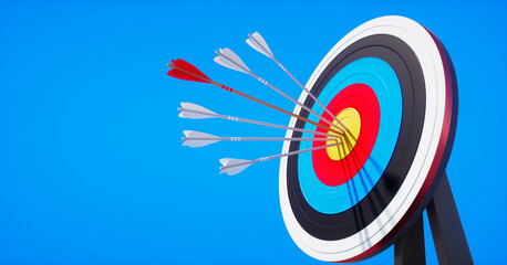 Archery target with hits by several arrows in the sun against a clear blue sky - 3D illustration