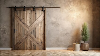 Rustic Interior Design Featuring a Sliding Barn Door and Modern Plant Decor