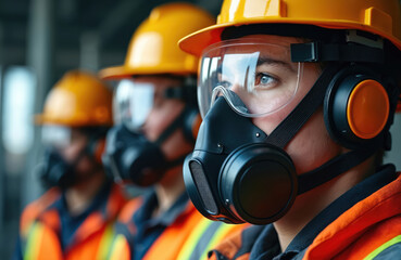 Naklejka premium Team workers use ear protection, respirators. Personal protective equipment guidelines in construction environment. Safety compliance, noise control standards practice. Men, women work. Hazard