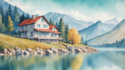 Fototapeta premium Scenic watercolor painting of a charming house on a tranquil lake surrounded by mountains.