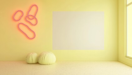 Pale yellow room with a soft neon red outline, 3D rendered.