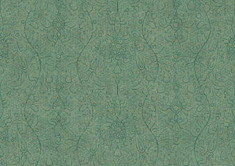 Hand-drawn unique abstract seamless ornament. Dark green on light cold green background, with splatters of golden glitter. Paper texture. Digital artwork, A4. (pattern: p13-2b)