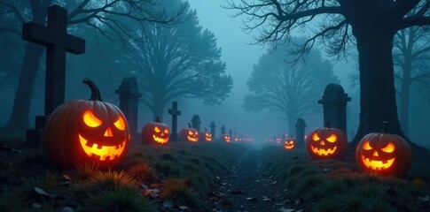 Fototapeta premium Foggy graveyard with glowing jack o lanterns and mist, jack o lanterns, fog, mysterious