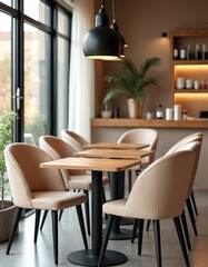 Fototapeta premium Modern interior with mocha mousse Pantone tones features furniture, decor. Stylish design includes seating, tables, lamps, plants, wood elements, creating cozy minimalist atmosphere for cafes,