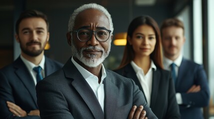 Diverse team of business professionals, multi-ethnic and multi-generational, standing together with arms crossed, professional attire, modern office background