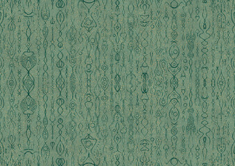 Hand-drawn unique abstract seamless ornament. Dark green on light cold green background, with splatters of golden glitter. Paper texture. Digital artwork, A4. (pattern: p14a)