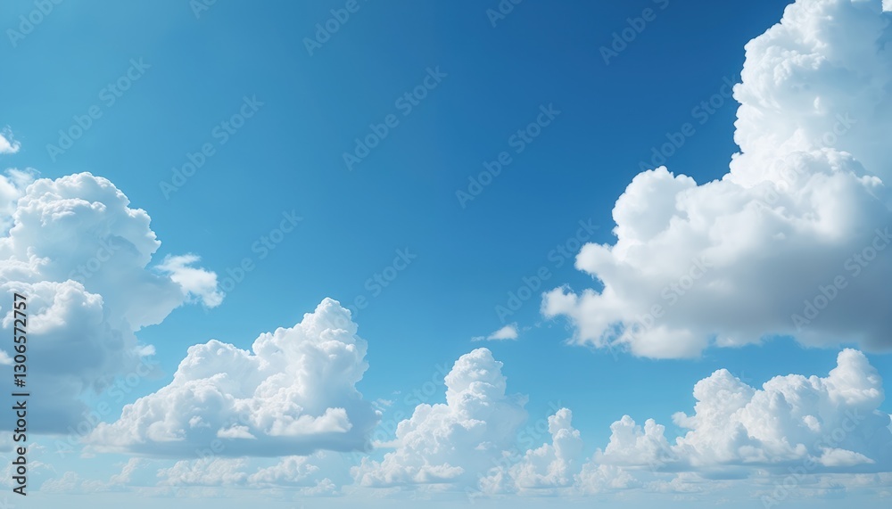 Poster panoramic view of clear blue sky with fluffy clouds. white cumulus float in bright daylight. tranqui