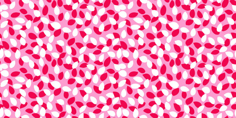 Seamless vector pattern with abstract petal-like shapes in white and red on a soft pink background. The minimalist, modern, and playful design ornament for textiles, wallpapers, and branding projects.
