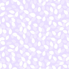 Seamless minimalist pattern with abstract white and purple teardrop shapes scattered on a light violet background. Pastel elegant and soft simple design suitable for fabrics, wallpapers
