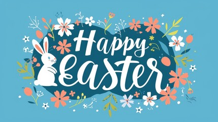 Blue background with "Happy Easter" in white, surrounded by flowers and bunny silhouettes. Cheerful, festive design for Easter cards or social media.