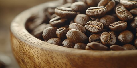 Aromatic Roasted Coffee Beans in a Rustic Wooden Bowl, Perfect for Coffee Shop or Cafe Marketing