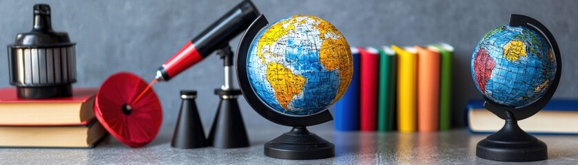 Globes, telescope, books, exploration; education concept