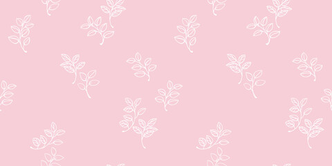 Pastel seamless vector pattern with minimalist white line drawn branches with leaves on a soft pink background. Plain ornament for elegant textiles, wallpaper, packaging, modern graphic designs.