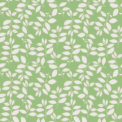Seamless botanical pattern featuring white leaves on a bright green background. This cheerful and elegant design is ideal for textiles, gift wraps, wallpapers, and digital art projects.
