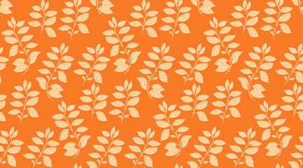 Seamless botanical pattern with leaves on bright orange background. Minimalistic and elegant design for ornament. Ideas for textiles, wallpapers, packaging, and autumn theme branding.