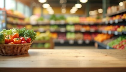 Empty wooden table top with wicker basket full of fresh ripe tomatoes and lettuce. Blurred vegetables and fruits shelves in supermarket background. Healthy eating, diet and agriculture themes.