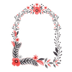 Arch wreath with flower and feather in folk style. Stylized illustration in red and gray colors for wedding invitation creating. Hand drawn composition is perfect for romantic and love card design.