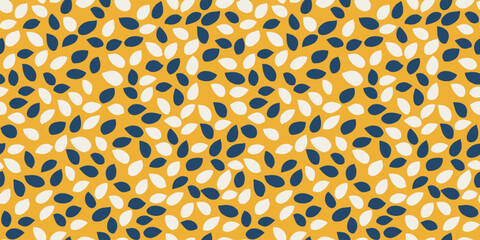 Seamless abstract pattern featuring navy blue and white teardrop shapes on a mustard yellow background. Bold and modern design ornament  for fabrics, wallpapers, wrapping paper, and digital prints.