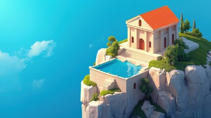 Fototapeta premium Isometric building concept. A serene cliffside villa with a pool overlooking a vast blue sky.