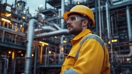 Engineer in a yellow safety uniform and helmet, checking refinery equipment, surrounded by industrial pipes and machinery, chemical plant background