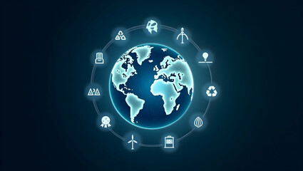 Visual Concept of a Glowing Earth Hologram Surrounded by Recycling and Renewable Energy Icons, Symbolizing Net Zero Goals and Environmental Sustainability in Stock Photo