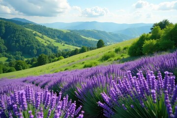 Obraz premium Lavender blooms spread across a rolling hillside, greenery, foliage, nature