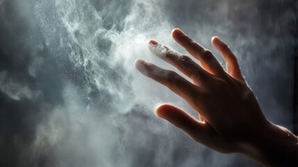 A human hand is reaching through clouds of dust