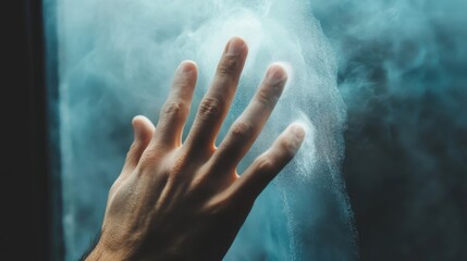 A hand reaches out and touches a glowing cloud of mist