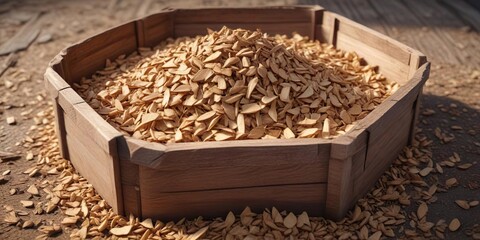 Heap of wood chips stored in a wooden container for processing, green technology, wood biomass, eco-friendly production, circular economy, sustainable forestry