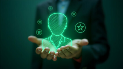 Glowing Hologram of Eco-Friendly Candidate Profile: Sustainable Recruitment Practices Illustrated with an Eco Badge - Stock Photo Concept with Space for Customization