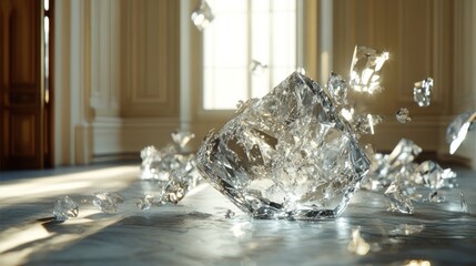Shattering glass cube on marble floor in sunlit room
