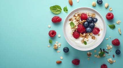 Flat lay of healthy snack options: nuts, fruits, and yogurt, fresh and nutritious, wellness concept, ultra-detailed, 8k