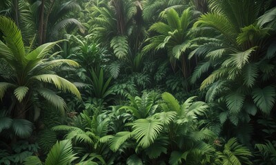 Fototapeta premium High angle shot of a dense jungle garden filled with green palm leaves and other foliage , greenery, botanicals, jungle garden