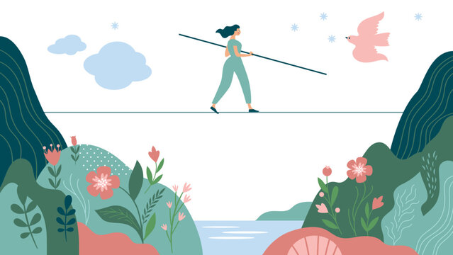 A tightrope walker girl walks over a valley with flowers